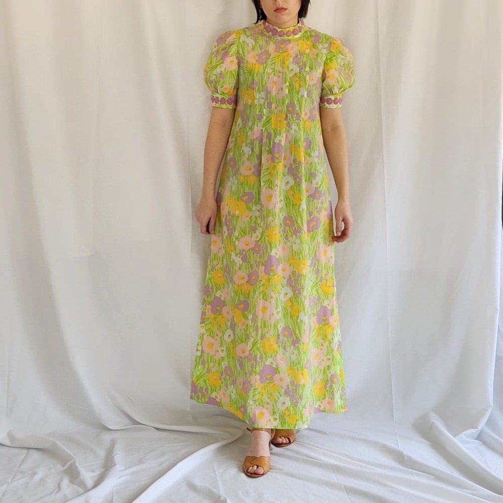 60s/70s Hand Made Floral High Neck‎ Maxi Dress